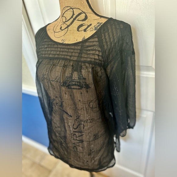 Sparkly Sheer Black Embroidered 3/4 Sleeve Top Blouse Shirt Size Medium See Pics - Picture 3 of 12